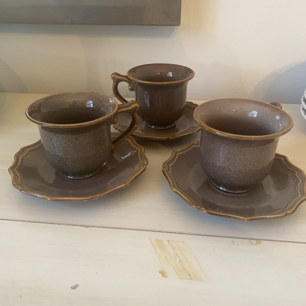 Set Of 3 Bombay Company ‎ Cups Saucers Brown & Gray Speckled Scrolled Handle 3"